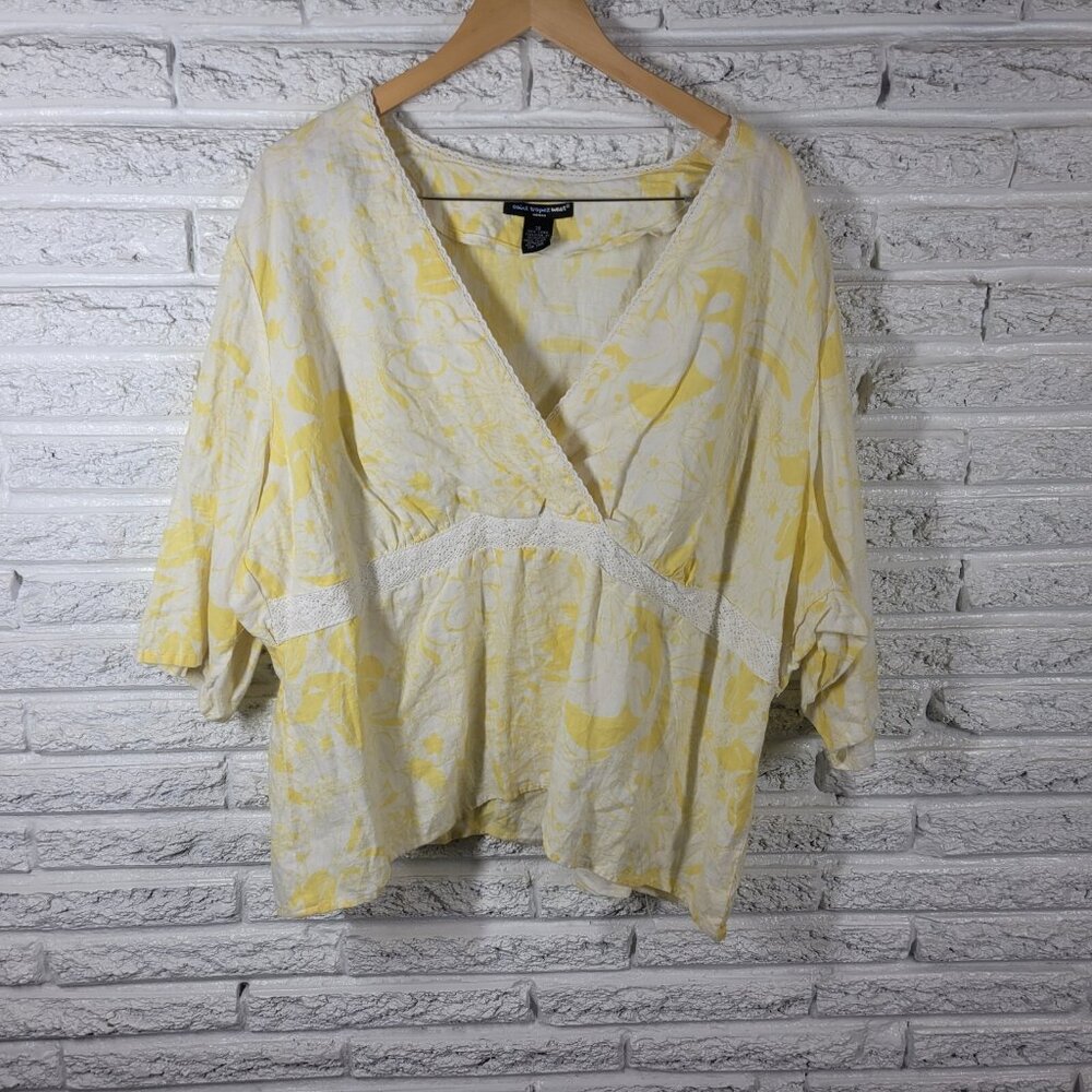 St Tropez West Women Top 3X Plus 3/4 Sleeve Yellow Floral Linen FLO21E